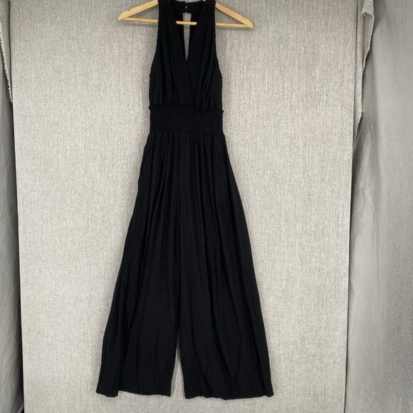 By Anthropologie Jumpsuit Womens XS Black Wide Leg Smocked Halter Keyhole V-Neck - Picture 2 of 16